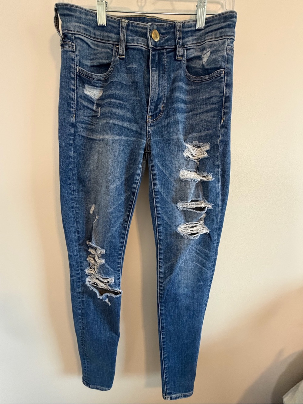 American Eagle Outfitters Distressed Dark Blue High-Rise Skinny Jeggings